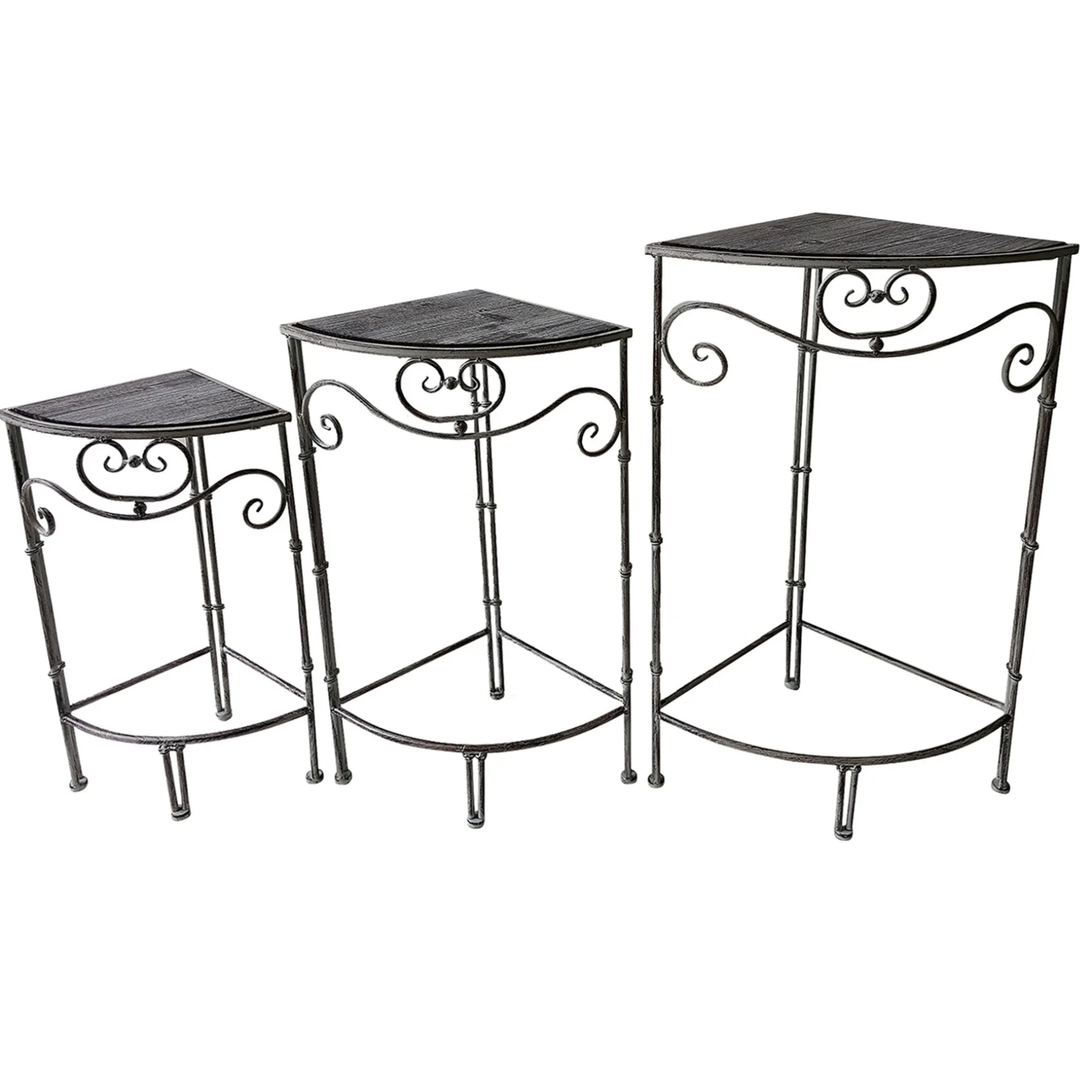 * Fan Shaped Wood Top Plant Stand With Rustic Double Tube Metal Leg, Medium Less Expensive Discount