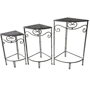 * Fan Shaped Wood Top Plant Stand With Rustic Double Tube Metal Leg, Small Low Price New
