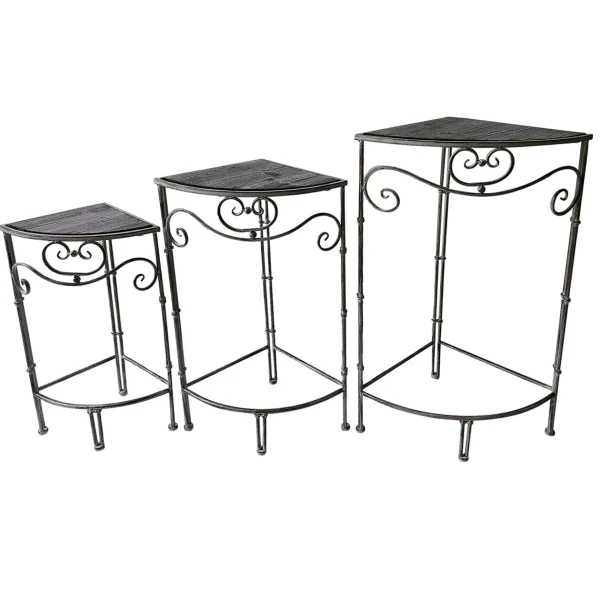 * Fan Shaped Wood Top Plant Stand With Rustic Double Tube Metal Leg, Small Low Price New