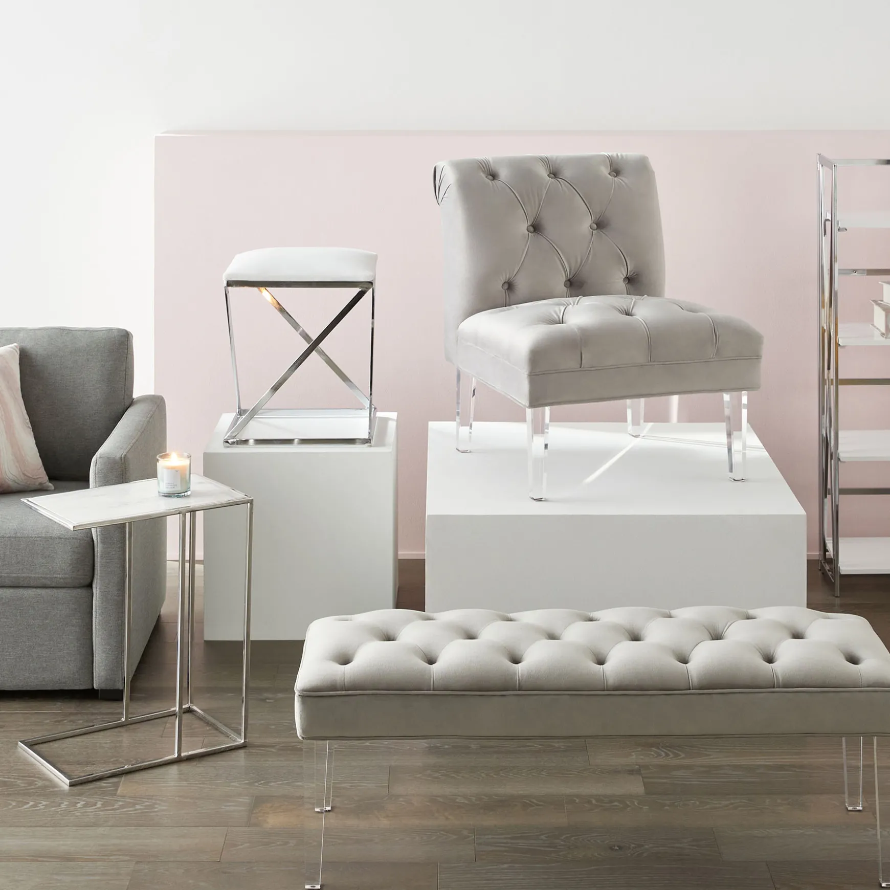 * Laila Ali Grey Tufted Bench With Clear Acrylic Legs Promotion Cheap