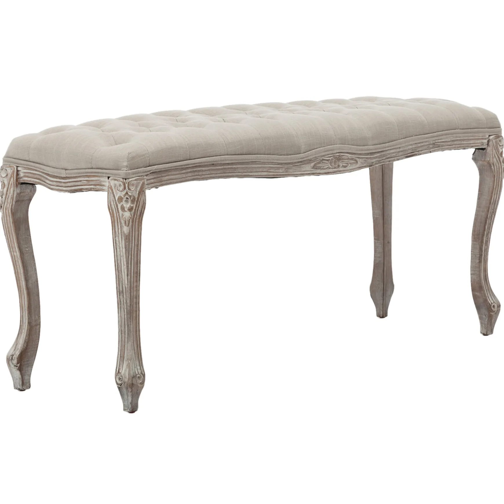 simone_grey_linen_tufted_bench_with_carved_reclaimed_wood_legs_outlet_0.webp * Simone Grey Linen Tufted Bench With Carved Reclaimed Wood Legs Outlet Best Sale