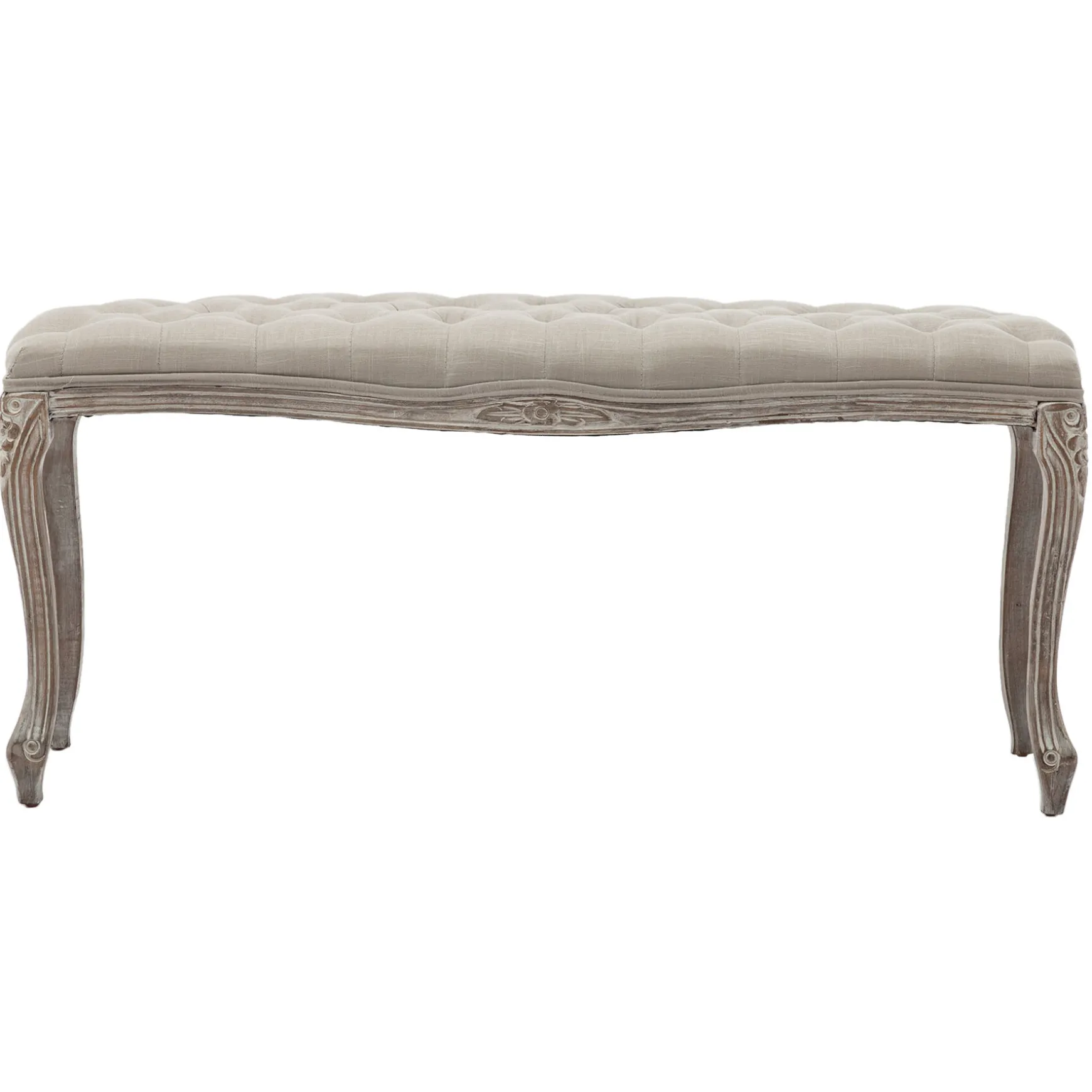 simone_grey_linen_tufted_bench_with_carved_reclaimed_wood_legs_outlet_1.webp * Simone Grey Linen Tufted Bench With Carved Reclaimed Wood Legs Outlet Best Sale